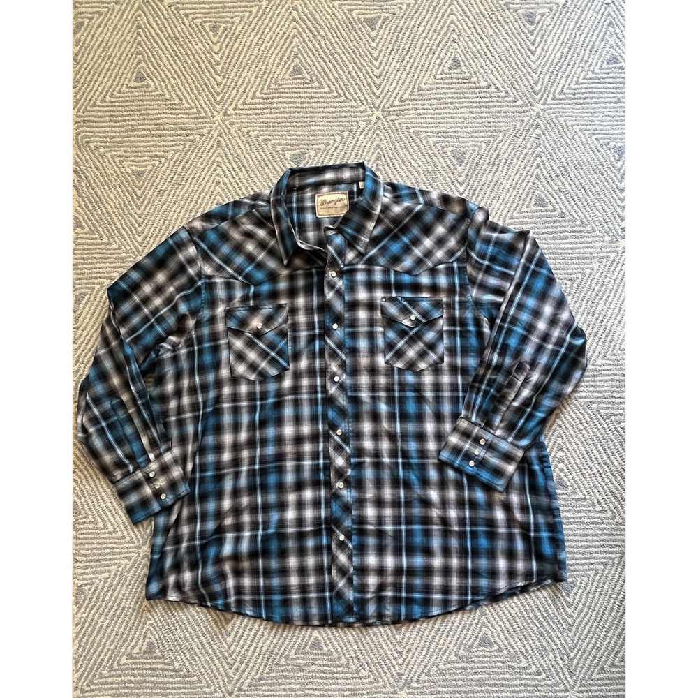 Wrangler Western Pearl‎ Snap Button Shirt - Blue/Black/White - XXXL